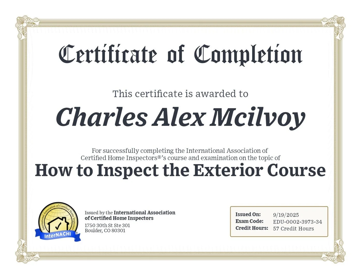 Certificate of completion awarded to Charles Alex McIlvoy for completing a home inspection course, issued by the International Association of Certified Home Inspectors, with date, exam code, and credit hours.