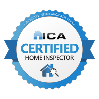 ICA Certified Home Inspector badge with blue ribbon and magnifying glass icon