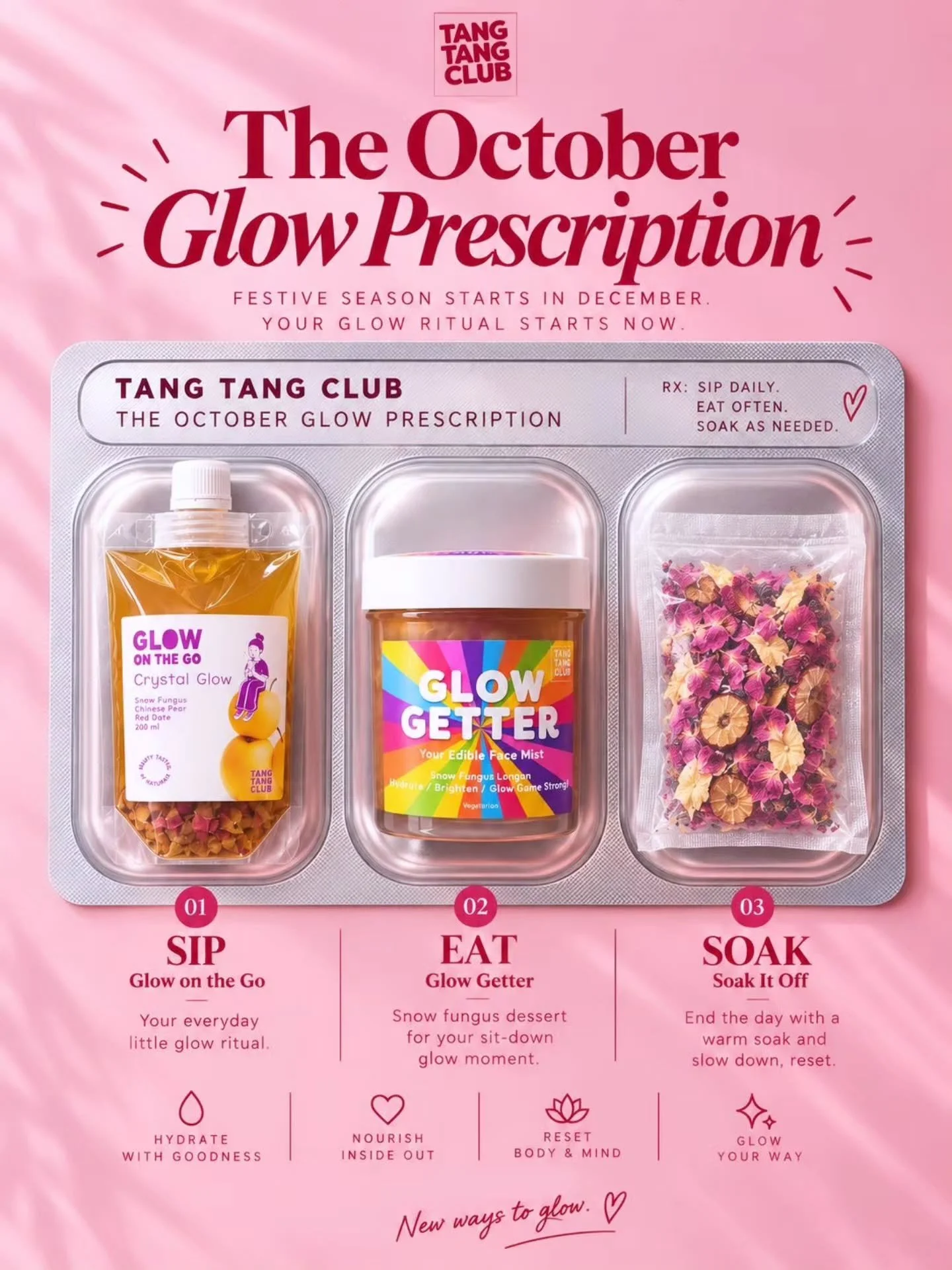 Festive season starts in December. Your glow ritual starts now. ✨

Your October prescription:
✨️ SIP &mdash; Glow on the Go 
✨️ EAT &mdash; Glow Getter 
✨️ SOAK &mdash; Soak It Off

A little nourishment. A little slowing down. A little something to l