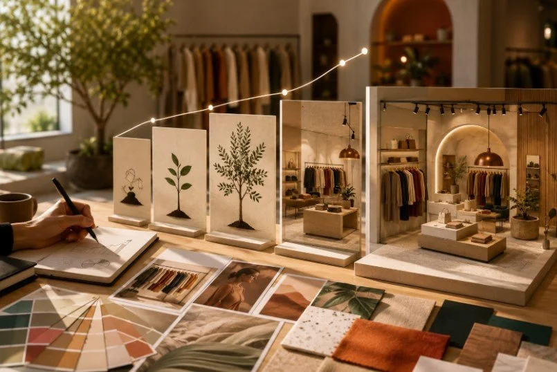 Proceso de consultoría retail y diseño estratégico de espacios comerciales, con análisis de materiales, experiencia de cliente, visual merchandising y planificación del punto de venta.