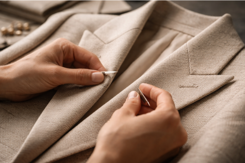 Detalle de confección y revisión de acabados en una prenda de sastrería durante el proceso de producción de moda.