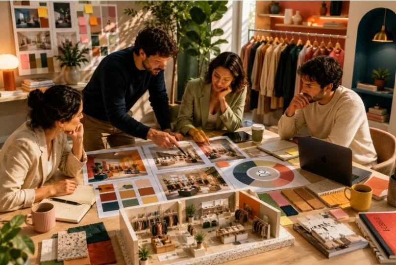 Equipo de estrategia retail analizando experiencia de cliente, diseño de tienda, producto y posicionamiento de marca en un espacio creativo contemporáneo.