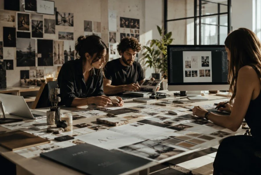 Equipo creativo desarrollando el branding visual de una marca con moodboards, colores y diseño digital