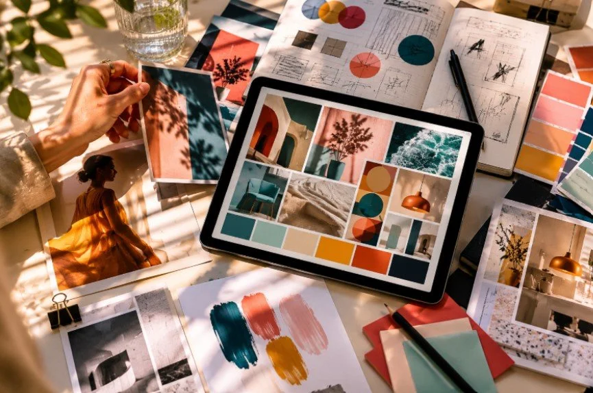 Moodboard de branding visual con paletas de color, fotografía, diseño y elementos de identidad de marca