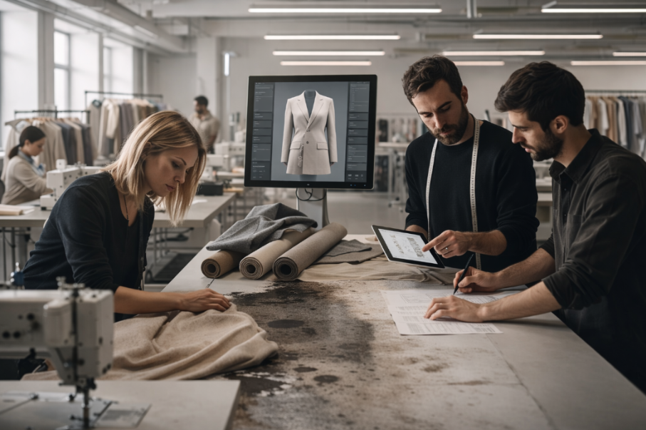 Equipo trabajando en la producción de moda y retail con revisión de tejidos, diseño de prenda y planificación técnica en taller textil.