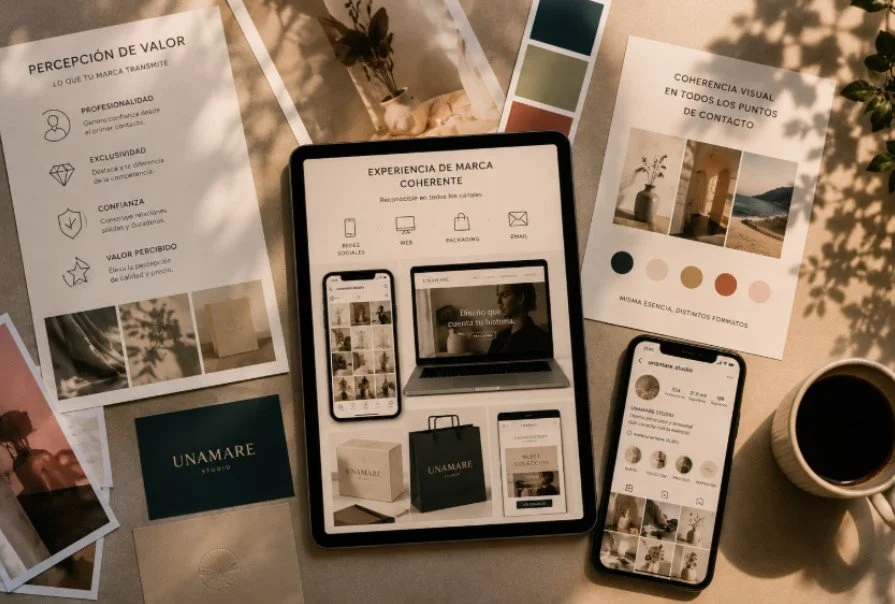 Aplicación de branding visual en diseño web, redes sociales, packaging y materiales de identidad corporativa