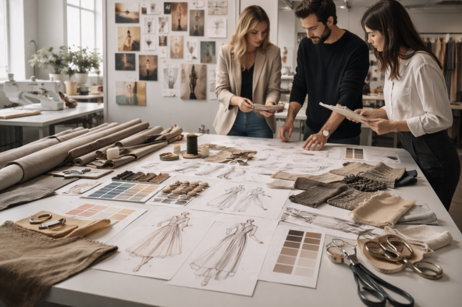 Equipo creativo revisando bocetos, tejidos y muestras de color en una mesa de trabajo durante el desarrollo de una colección de moda.