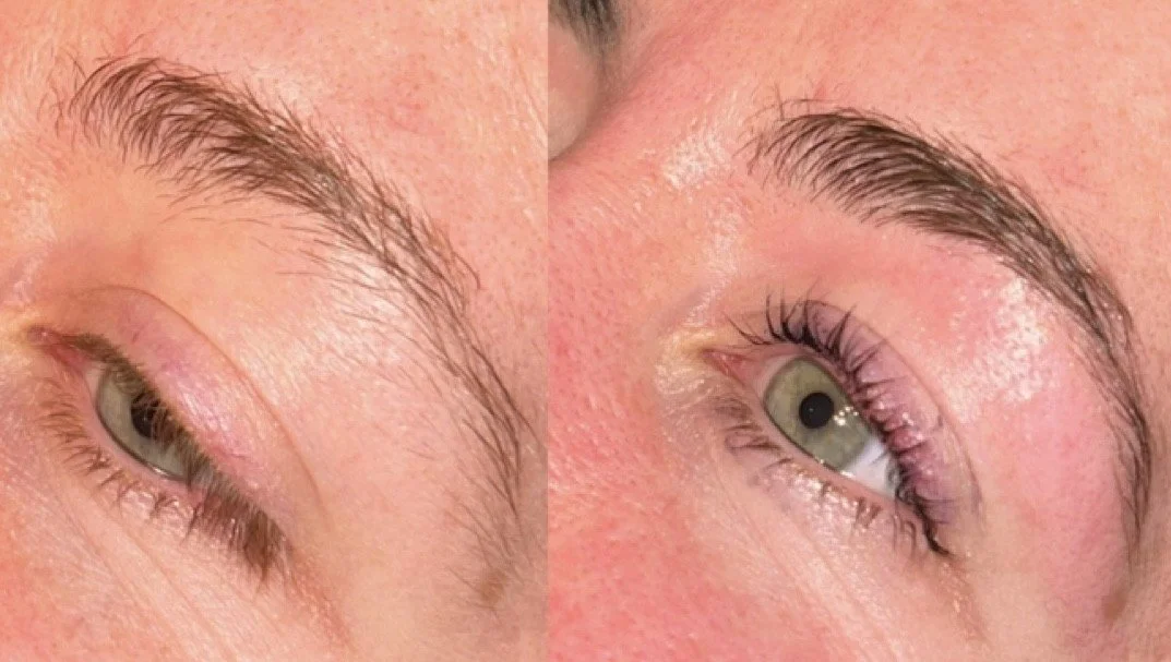 Close-up of a woman's eye with minimal lashes before and with makeup, showing longer, thicker lashes and eye makeup after application.