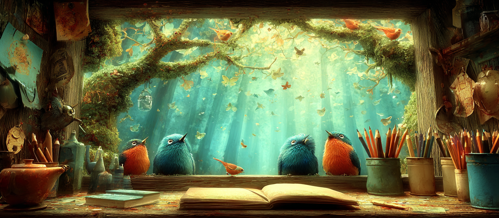 Atelier mit Blick in den Wald, Vögel sitzen auf der Fensterbank