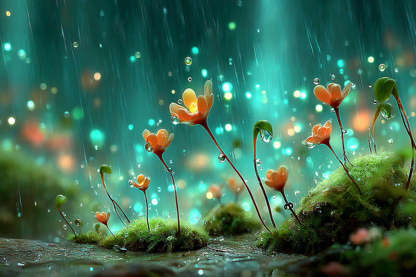 Moodbild Blumen im Moos, es regnet