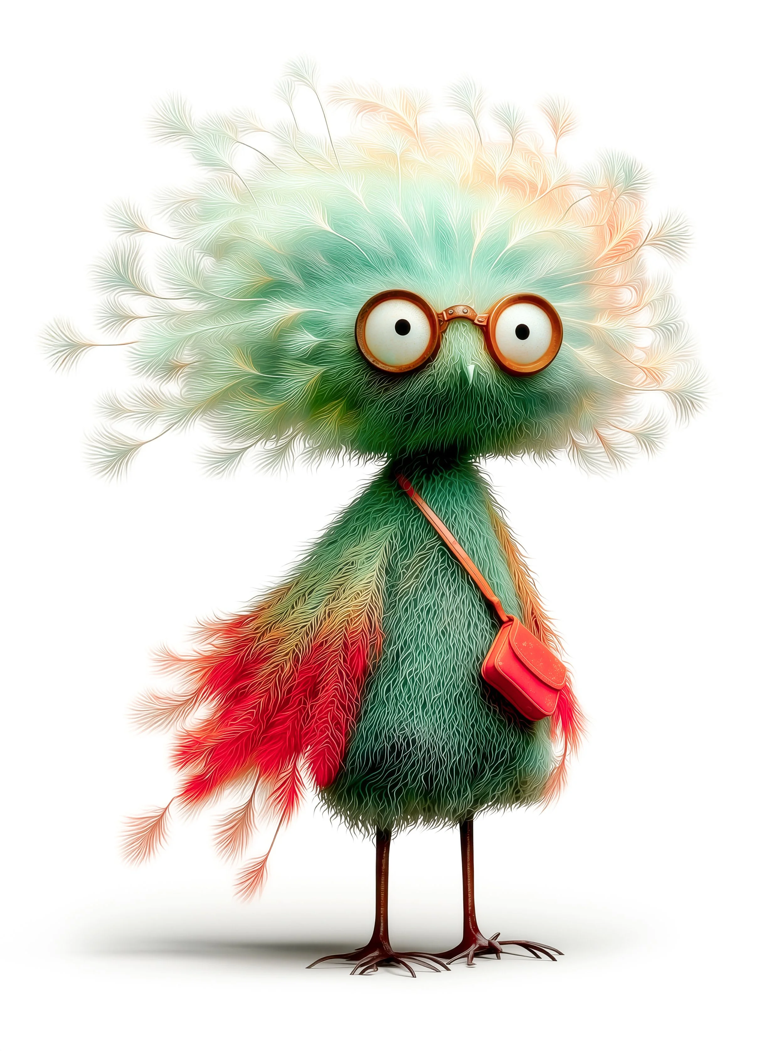 Flobit Mirl, ein zerstreutes kleines Waldwesen mit großer runder Brille, hellen Federn auf dem Kopf, grün-roten Flügeln und roter Handtasche.