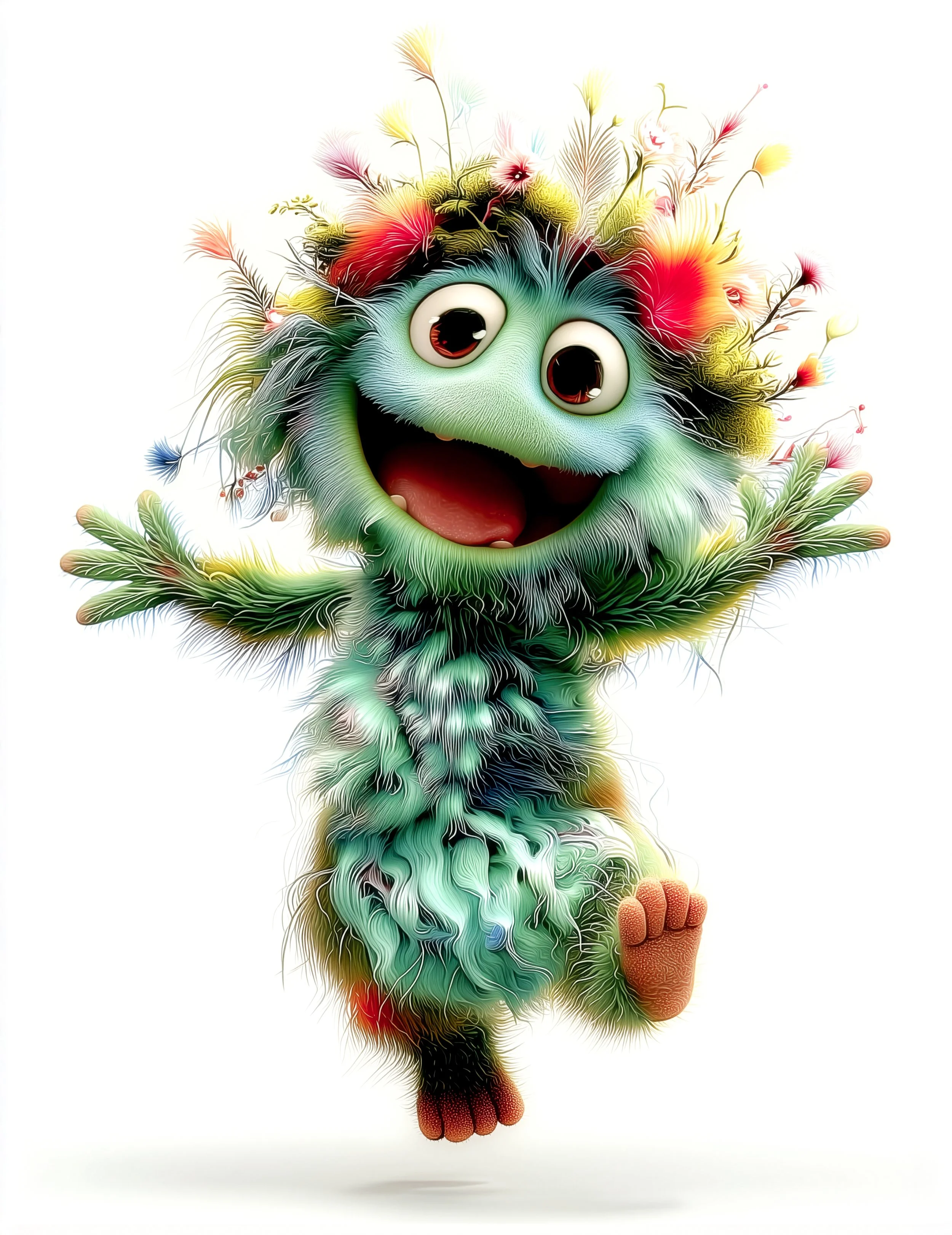 Flobit Luppa, ein abenteuerlustiges kleines Waldwesen springt energisch mit ausgebreiteten Armen, hat große Augen und bunte Federn auf dem Kopf.