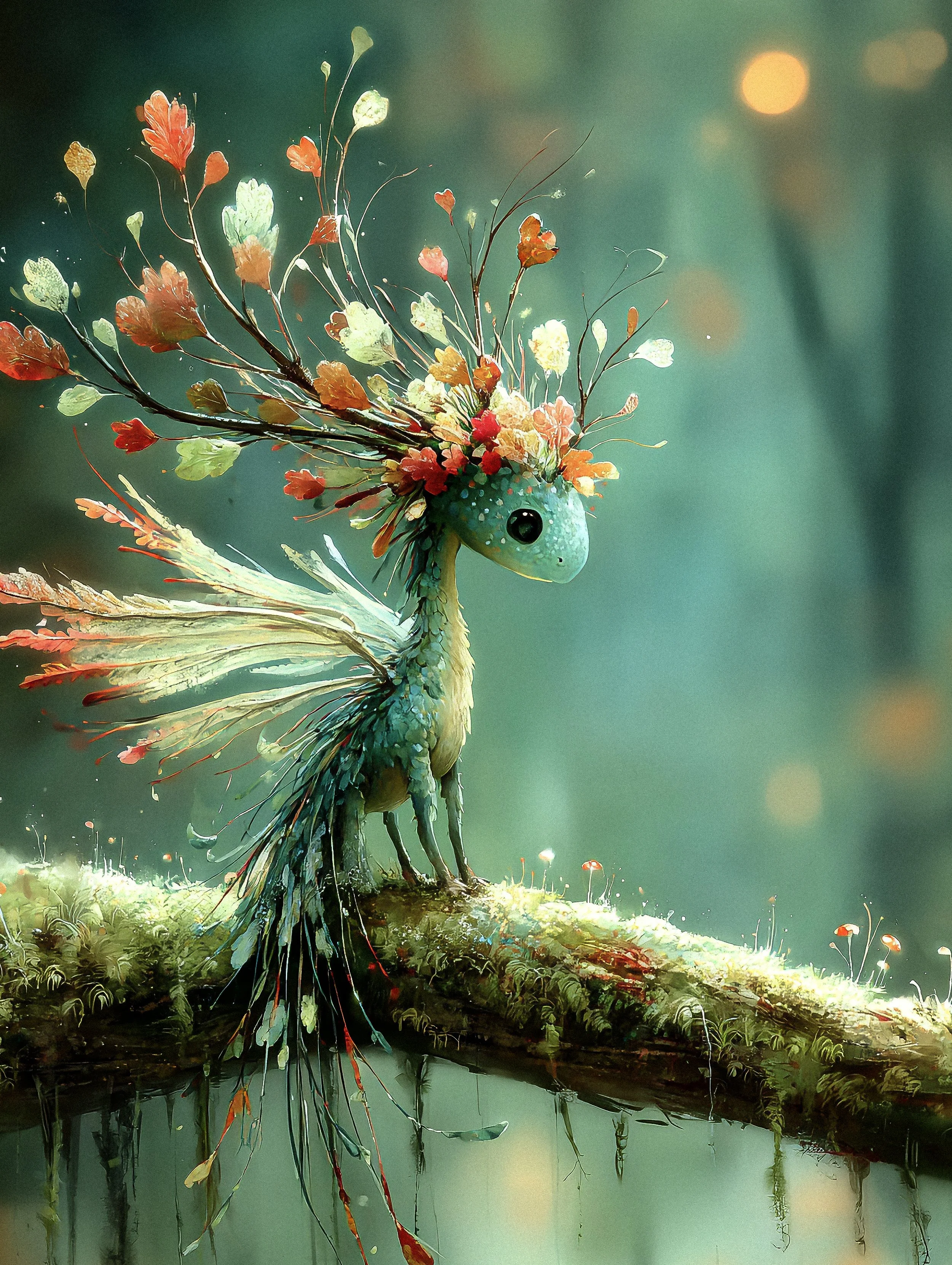 Fantasiewesen mit bunten Federn und Blüten im leuchtenden Flobitwald