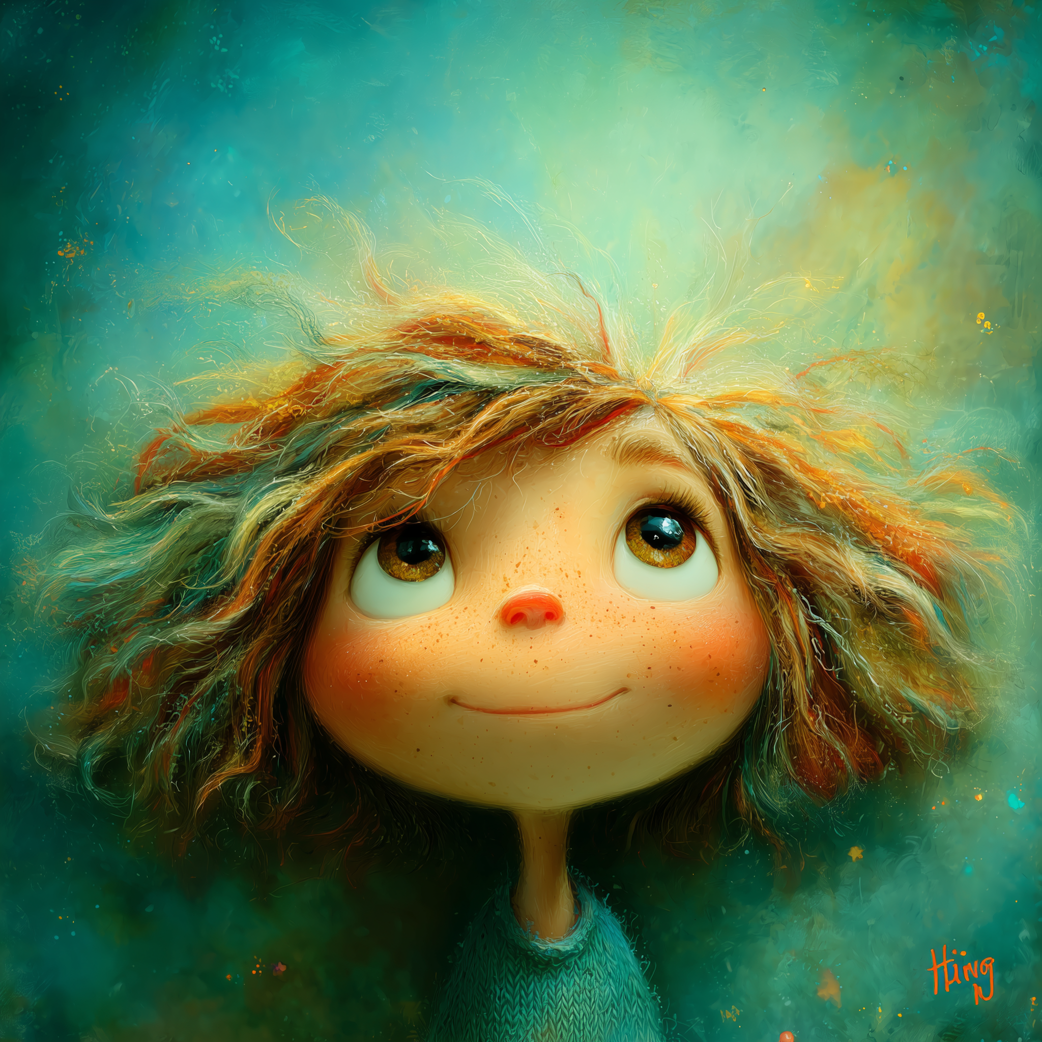 Rothaariges Kind mit Sommersprossen blickt staunend nach oben – Verbindung zwischen Kind und Flobit-Welt.