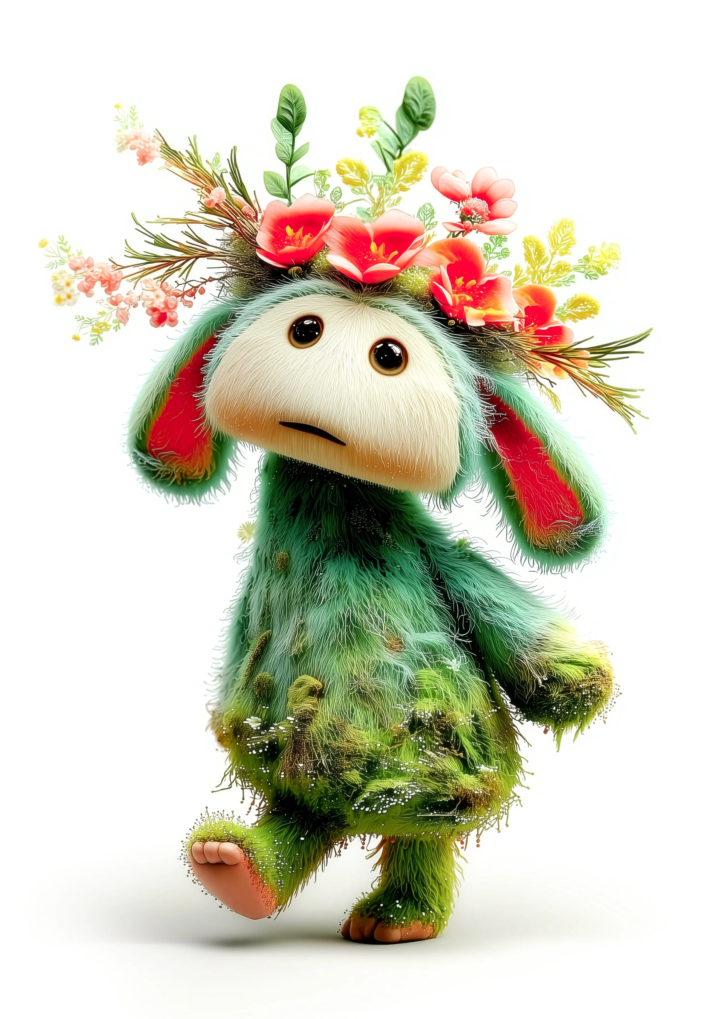 Flobit Bibi, ein fröhliches Waldwesen hüpft fröhlich mit einem Bein in der Luft, trägt bunten Blumenkranz und hat grünes, flauschiges Fell zum Teil mit Moos bewachsen.