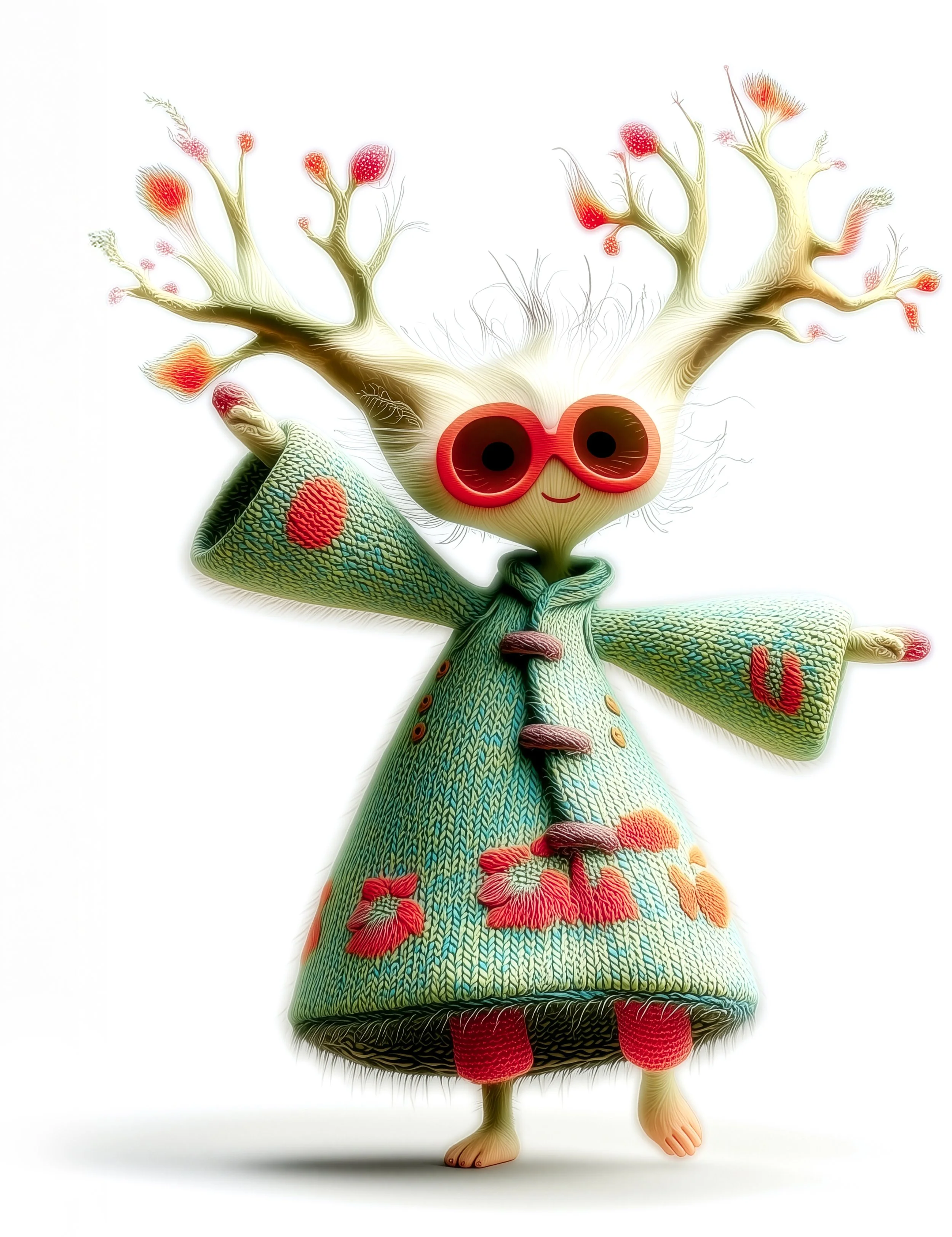 Flobit Pippa, ein graziöses kleines Waldwesen mit geweihähnlichen Zweigen auf dem Kopf, roter Sonnenbrille und grünem gestricktem Mantel tanzt elegant.
