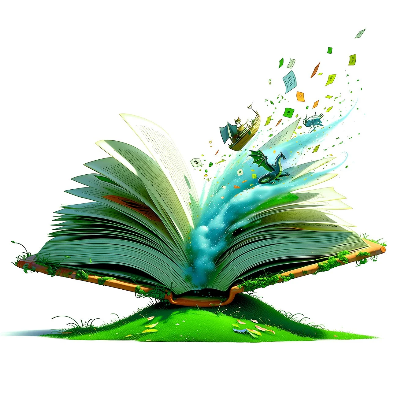 Aufgeschlagenes Buch mit herausfliegenden Buchstaben