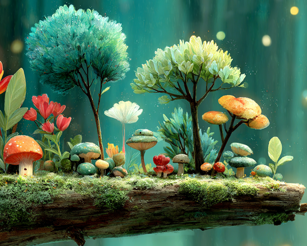 Zauberhafte Flobitwald-Szene mit leuchtenden Pilzen und Bäumen.
