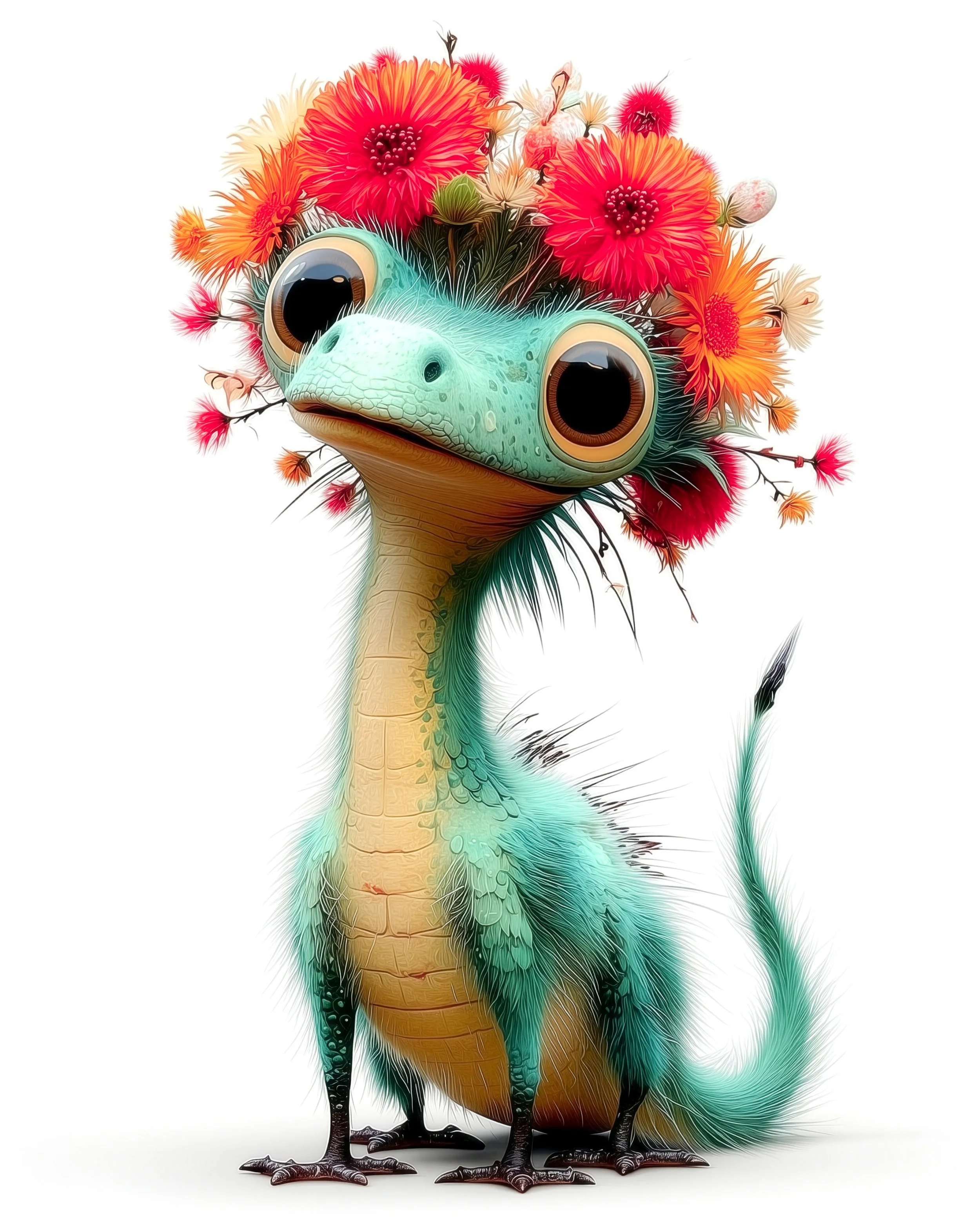 Flobit Esme, ein schrulliges Waldwesen mit türkisem Körper, bunter Blütenkrone und sanftem Lächeln ähnlich einem kleinen Dinosaurier oder Drachen.