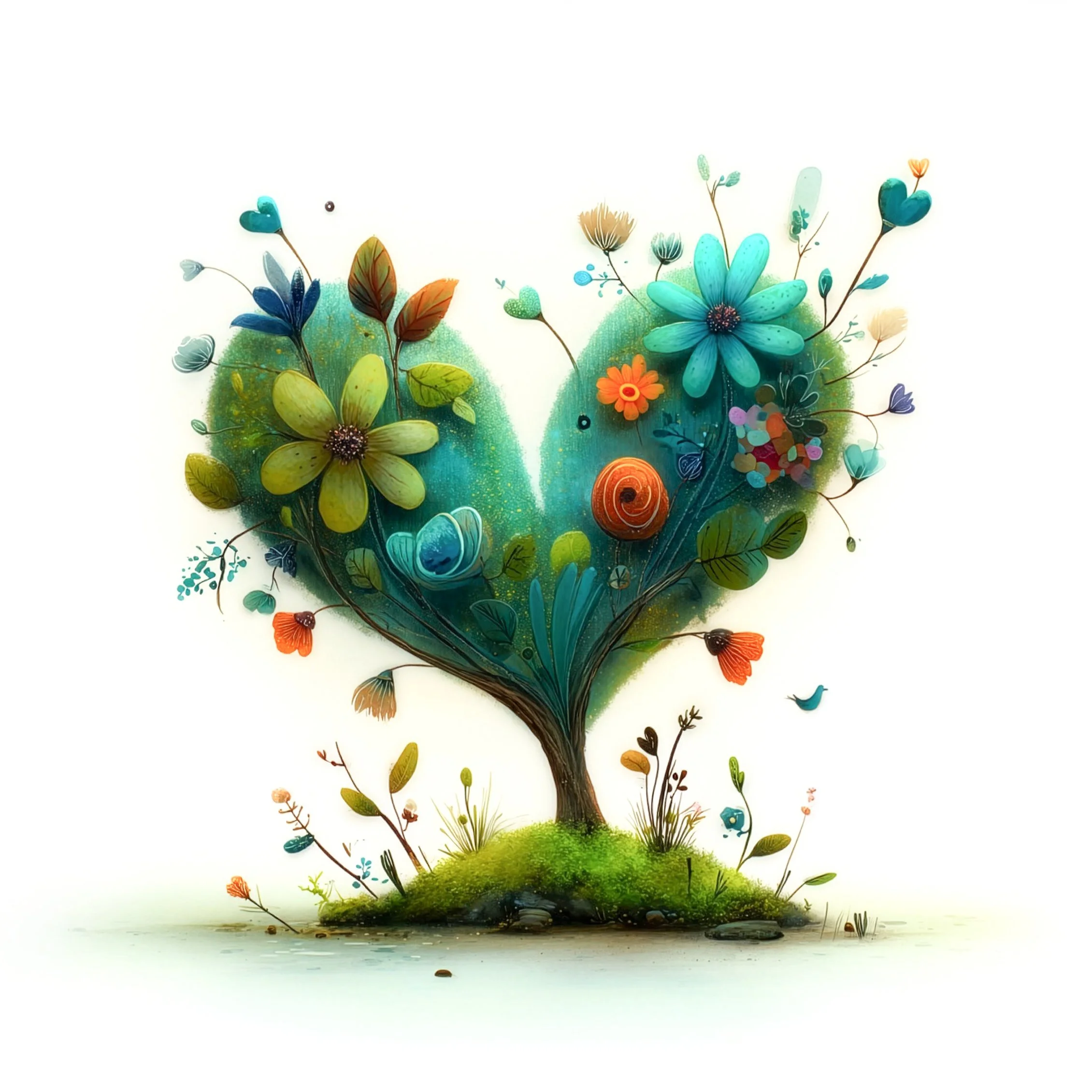 Baum mit herzförmiger Krone aus Blumen und Blättern – Symbol für Verbindung im Flobitwald.