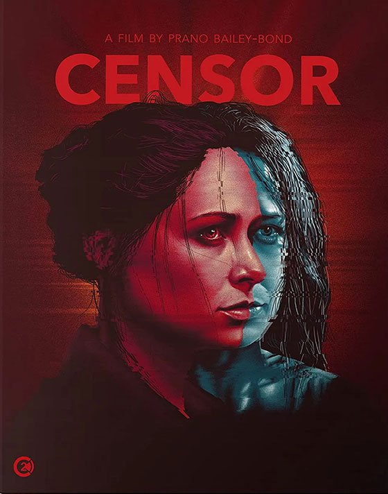 Movie poster for 'Censor' featuring a woman with one side of her face in dark shadows and the other illuminated with a blue light. The title 'CENSOR' is in large red letters at the top, and credits indicate it is a film by Prano Bailey-Bond.