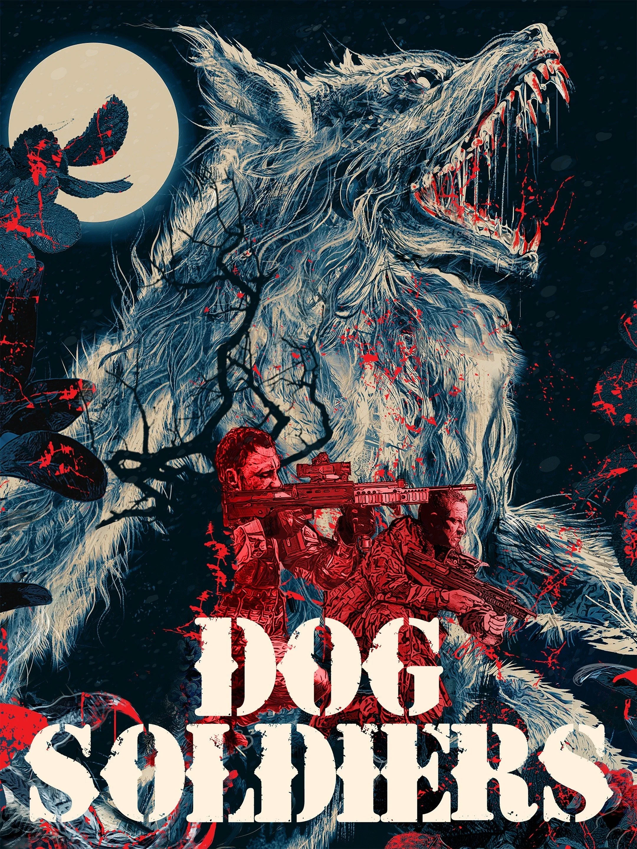 Comic book style illustration with a large dog in the background, two soldiers with guns in the foreground, a full moon, and blood splatters. Text reads 'Dog Soldiers'.