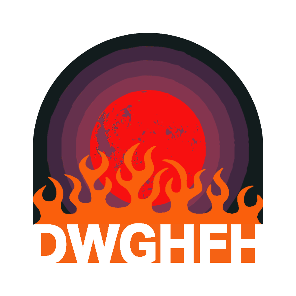 Red moon with purple and gray rings in dark sky, surrounded by orange flames at the bottom.