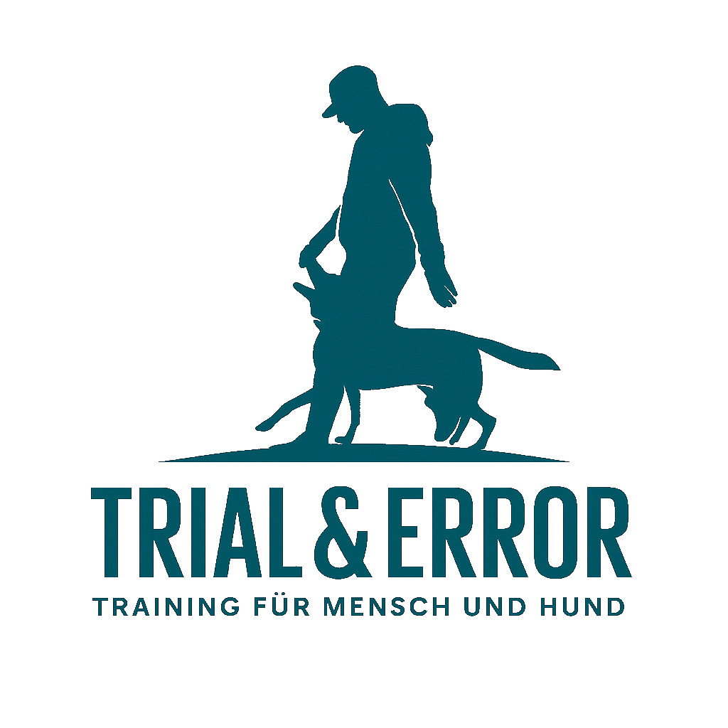 Silhouette eines Menschen mit einem Hund, der auf einem Boden steht, mit Text "TRIAL & ERROR TRAINING FÜR MENSCH UND HUND" darunter.