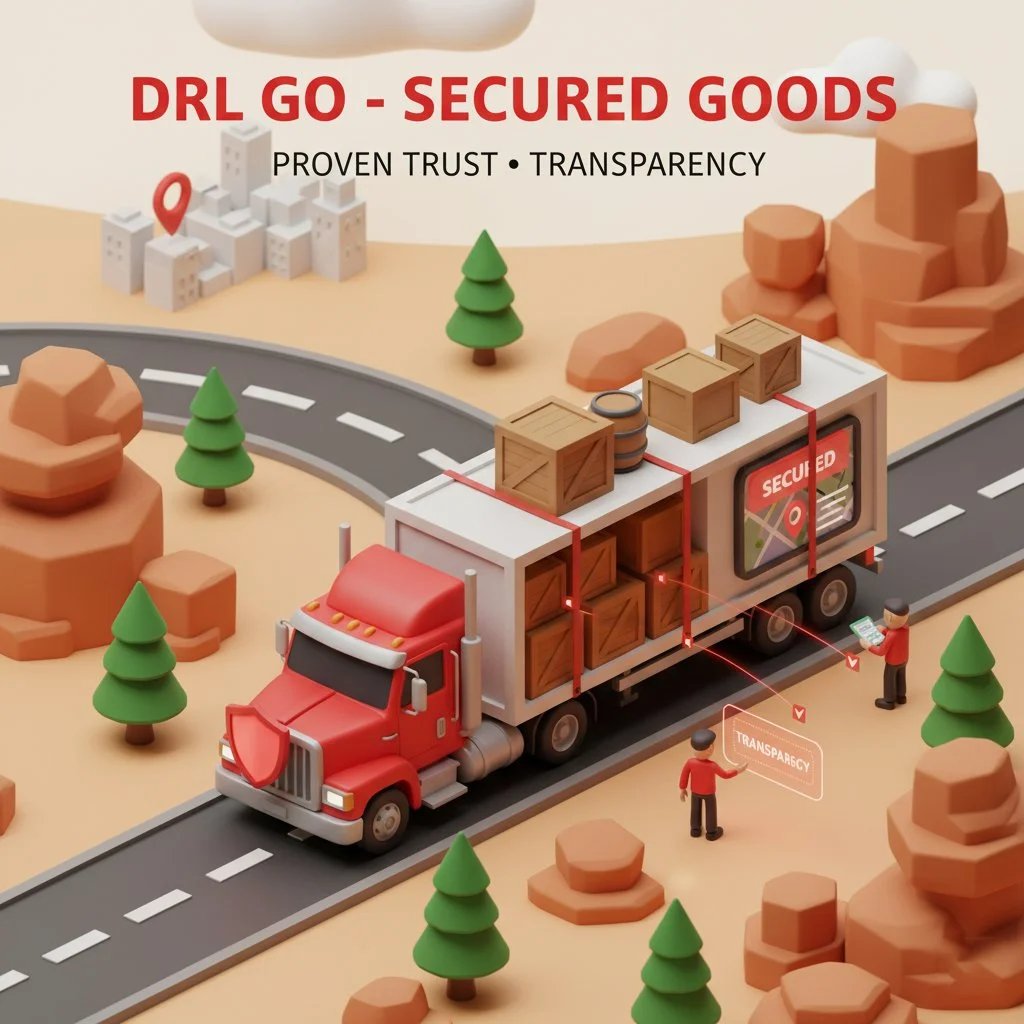 DRL GO red truck transporting secured goods with tracking visuals, showing safety-focused freight delivery in Hyderabad and Mumbai.