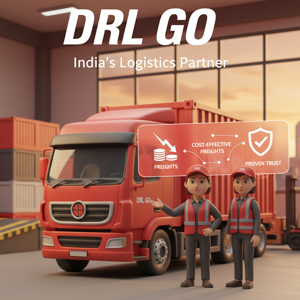 DRL GO red freight truck with secured cargo in an industrial yard, symbolizing affordable and direct freight transport in Hyderabad and Mumbai.