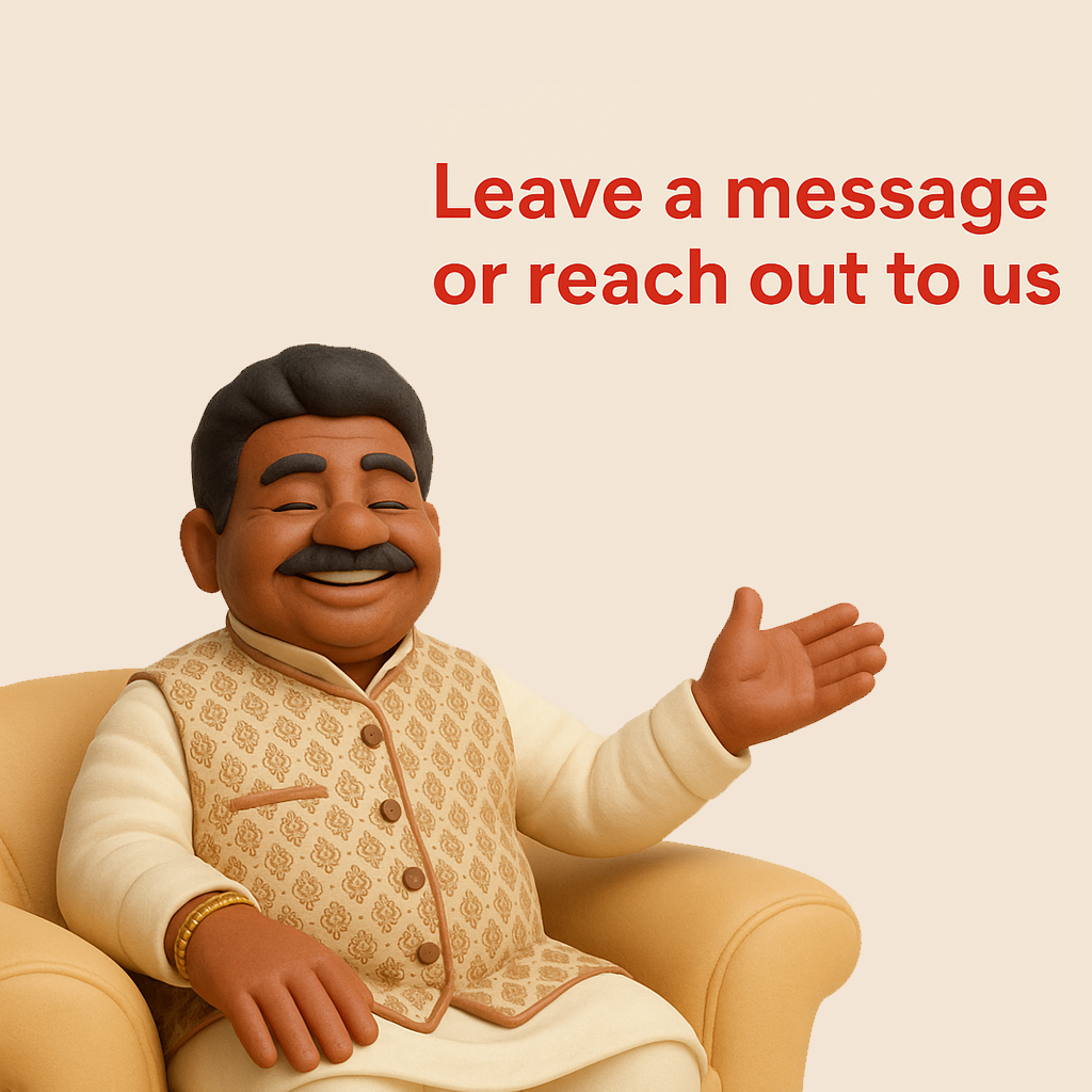 Smiling senior man in traditional attire sitting on an armchair, gesturing warmly with an open hand beside the message "Leave a message or reach out to us" — encouraging contact and customer support for DRL GO.