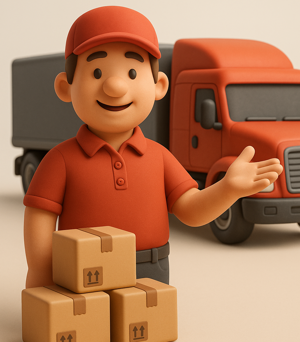 Delivery person in red uniform holding stacked boxes with a delivery truck in the background.