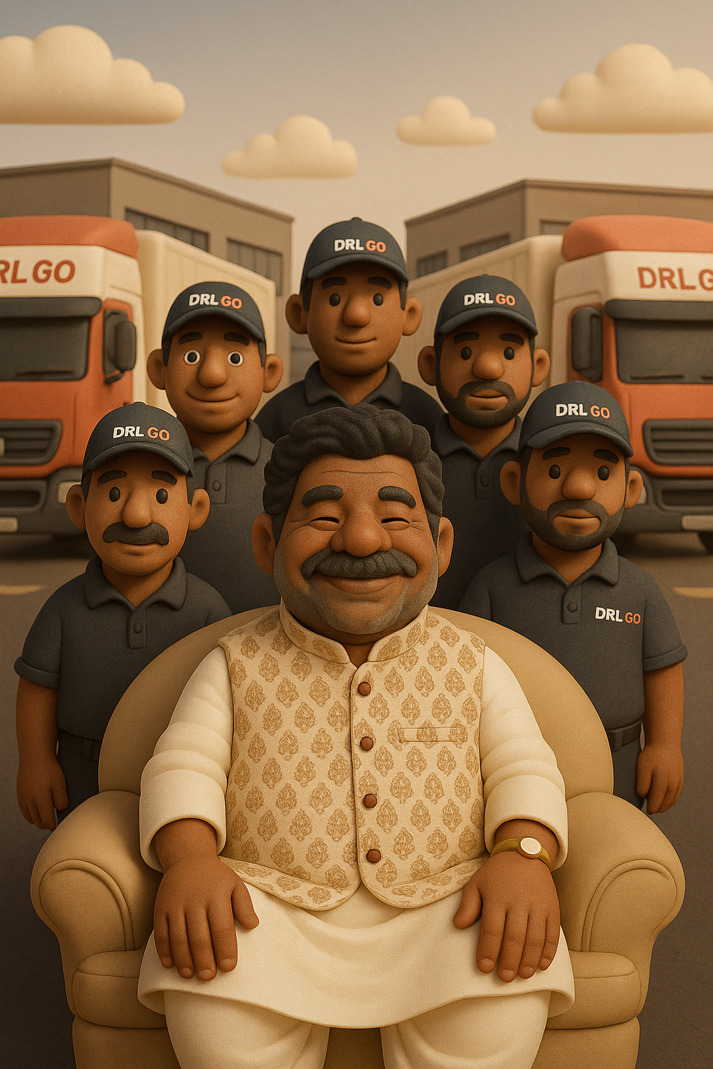 DRL GO founder and team representing 25+ years of trusted freight transportation in India, with red trucks and confident service approach.