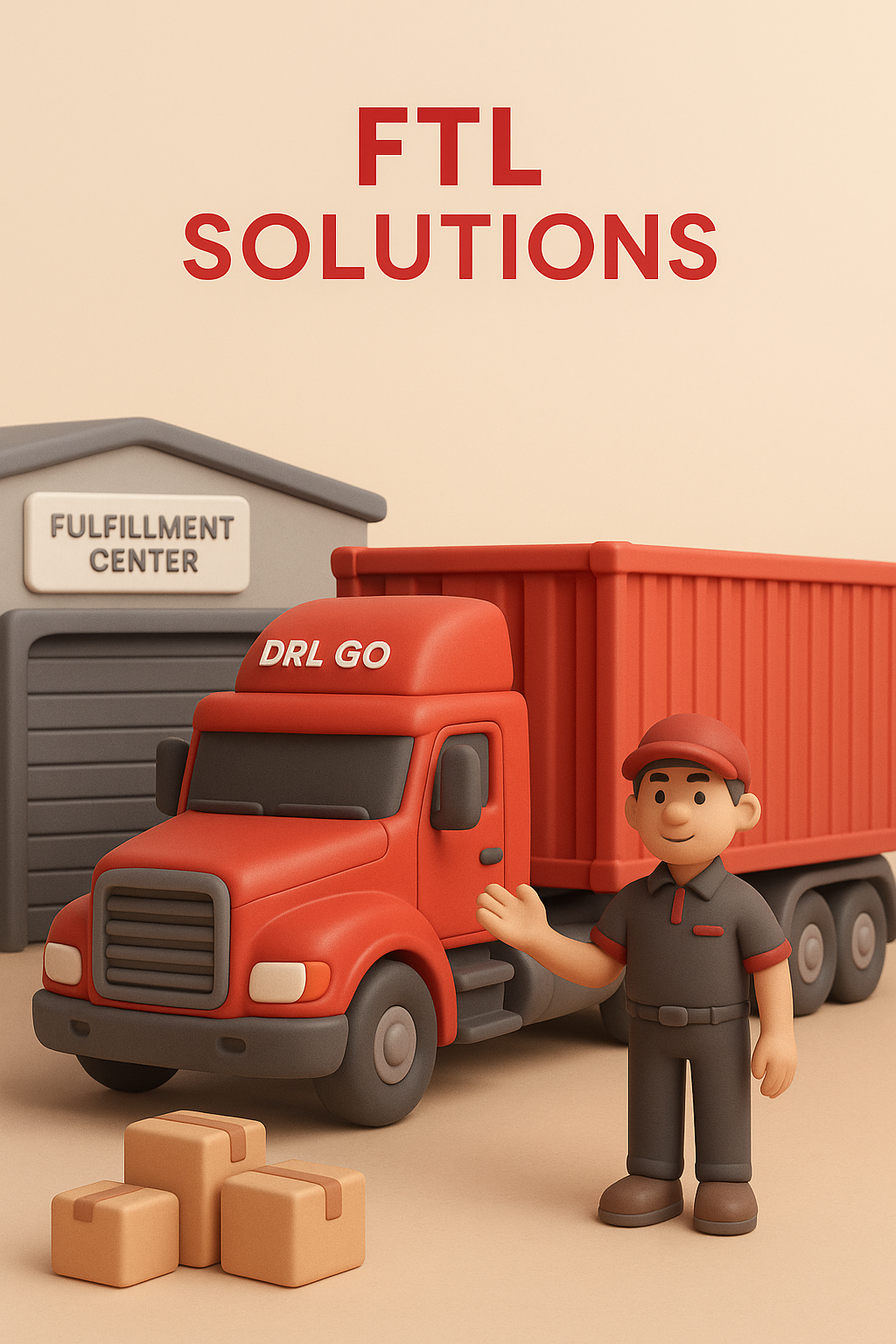 Delivery man standing next to a red delivery truck labeled 'DRL GO' in front of a gray fulfillment center building with a sign that reads 'FULFILLMENT CENTER'.