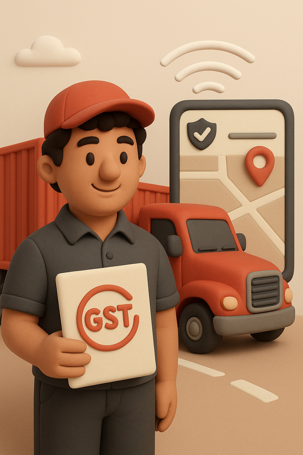 A  character wearing a red cap and gray shirt holding a GST document, standing in front of a red delivery truck and a large smartphone displaying a location pin and a shield icon with a check mark.