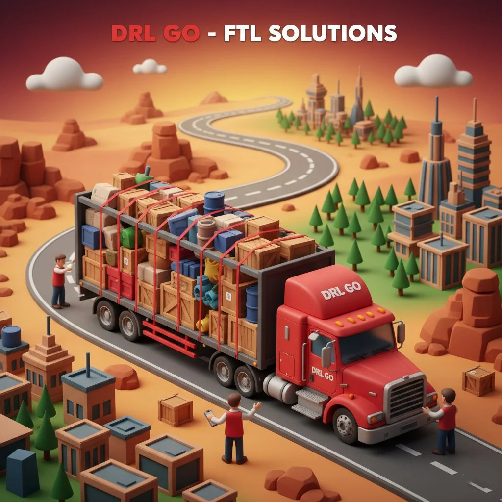 DRL GO full truckload freight service with red truck and matched cargo, offering secure and direct FTL transport in Hyderabad and Mumbai.