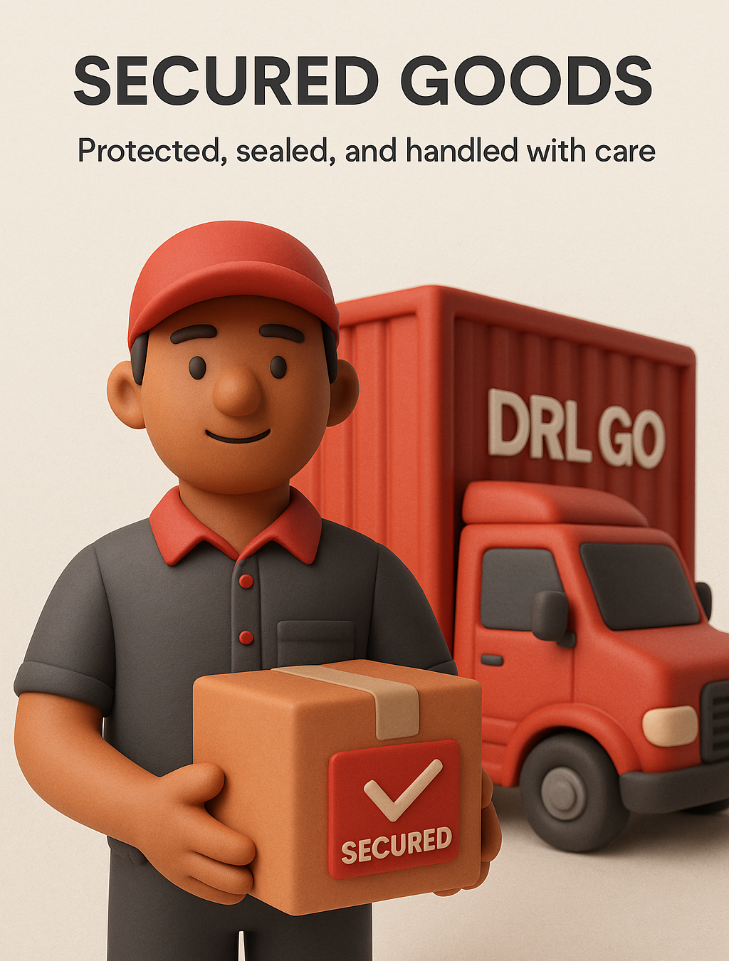 A delivery person in a red cap and gray shirt holding a secured package, standing in front of a red delivery truck labeled "DRL GO".