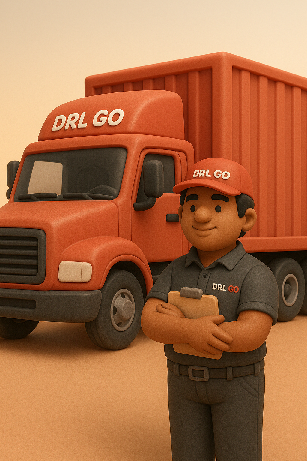 delivery person in uniform standing in front of an orange delivery truck, holding a clipboard, with the logo 'DRL GO' on the uniform and hat.