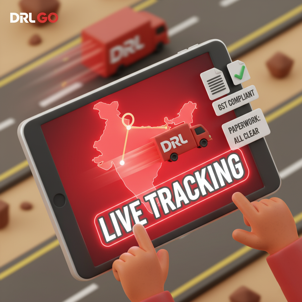 DRL GO truck with digital map and tracking interface, symbolizing real-time GPS freight tracking and GST-compliant paperwork in Hyderabad and Mumbai.