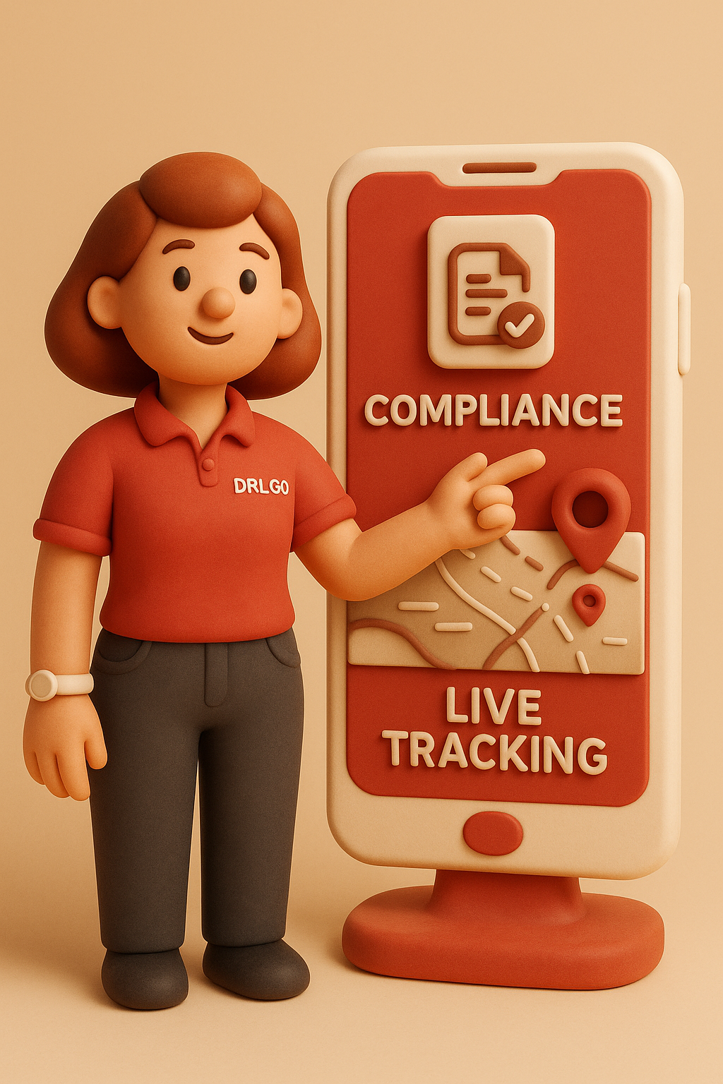 A  figure in a red shirt labeled 'DRLGO' pointing at a mobile screen with 'Compliance' and 'Live Tracking' icons, indicating digital compliance and GPS tracking.