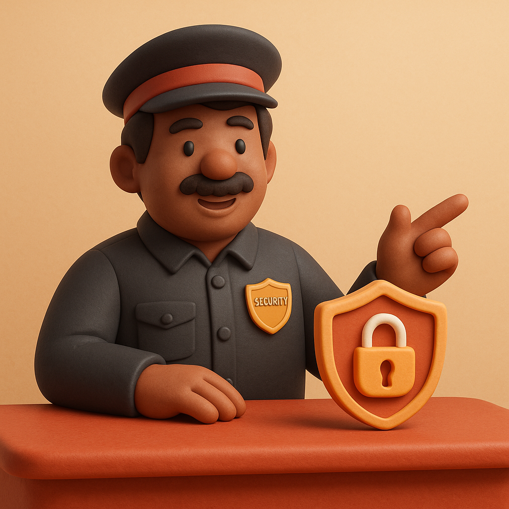 A  security guard with a badge that says 'SECURITY' holding a shield with a padlock symbol, pointings to the right, in front of a peach-colored background.