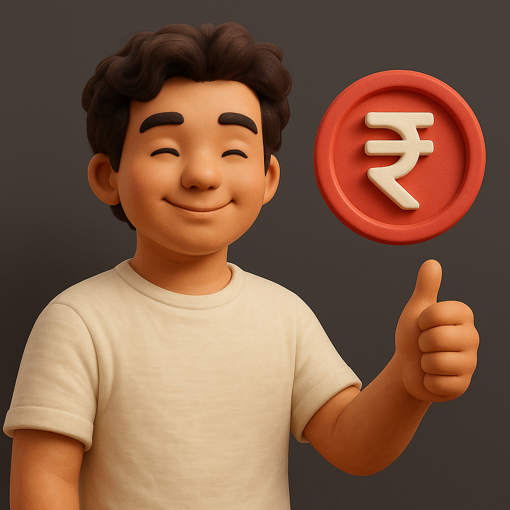character of a smiling boy with dark brown hair, wearing a beige t-shirt, giving a thumbs-up, with a large red coin bearing the Indian Rupee symbol (₹) floating next to him.