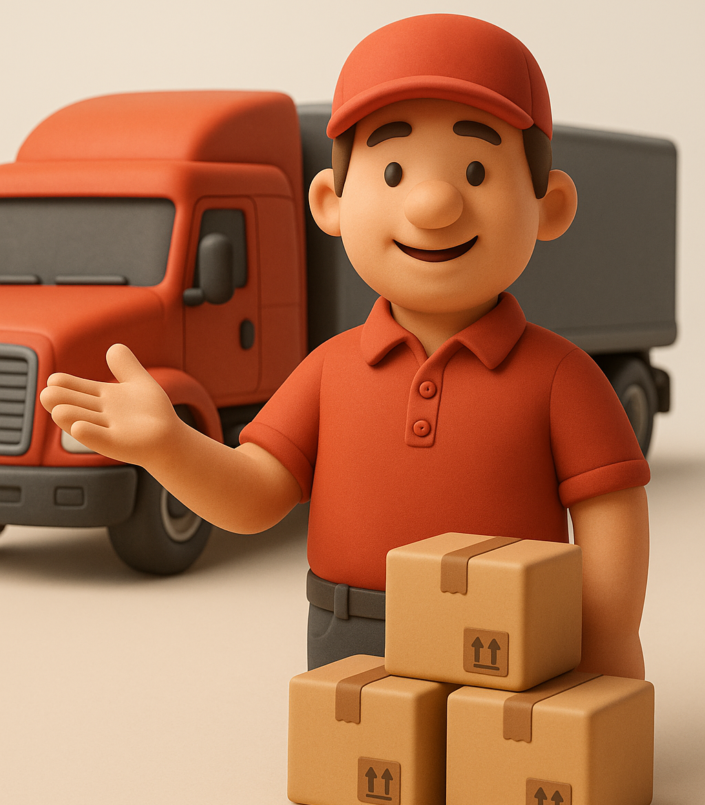 A cartoon delivery man in a red shirt and cap standing next to a red delivery truck, holding a cardboard box with two other boxes stacked nearby.