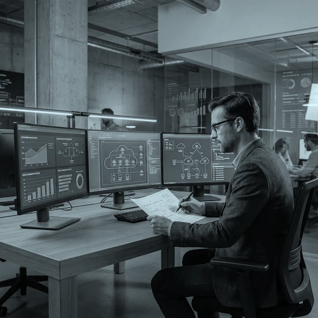 Un homme en costume assis devant trois écrans d'ordinateur affichant des graphiques et diagrammes, dans un bureau moderne.