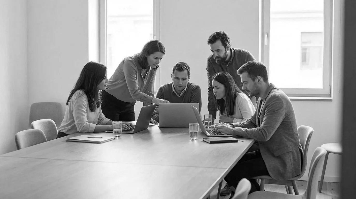 Groupe de six personnes lors d'une réunion de travail dans une salle de conférence, regardant un ordinateur portable.