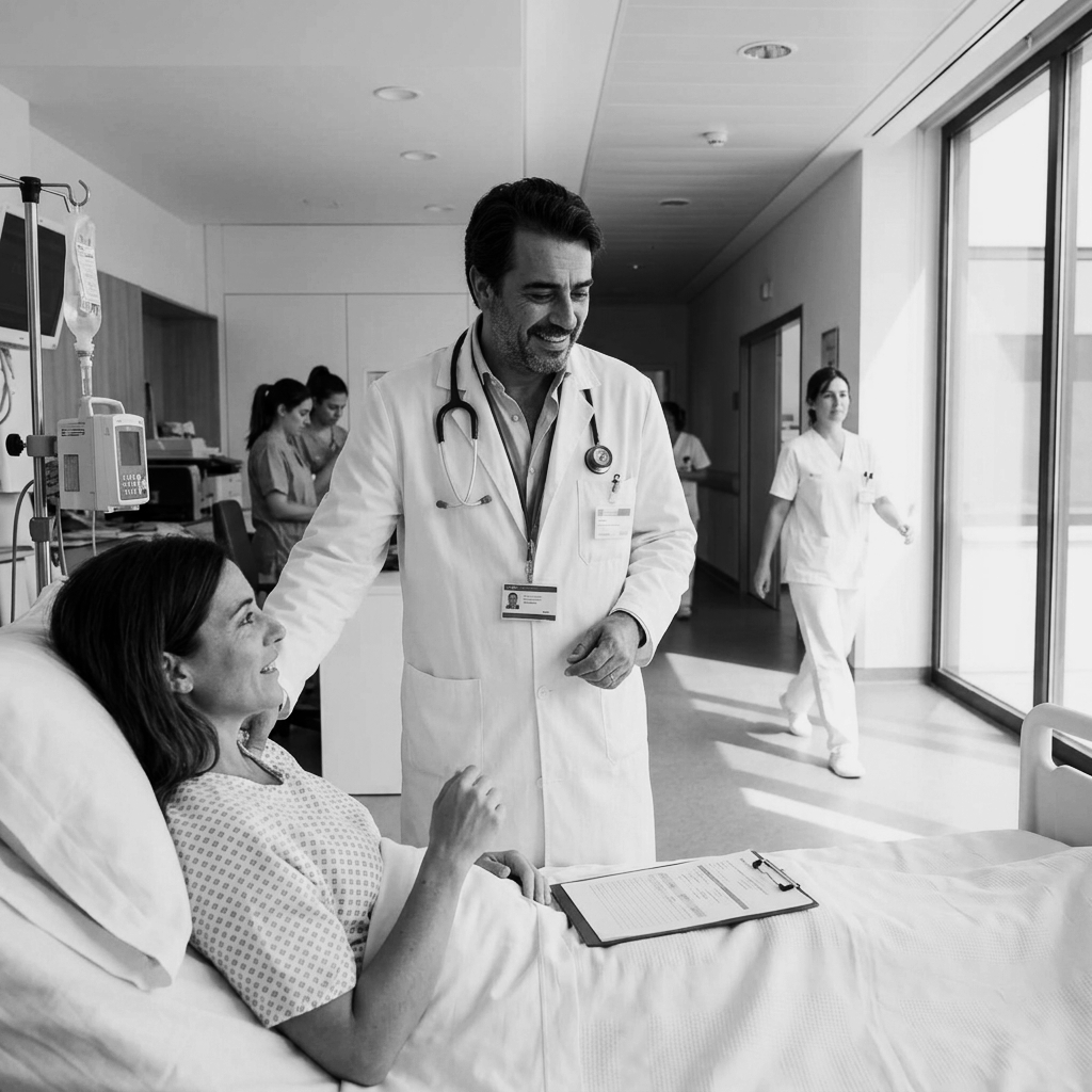 Un médecin parle avec une patiente dans un hôpital, plusieurs autres professionnels de santé en arrière-plan.