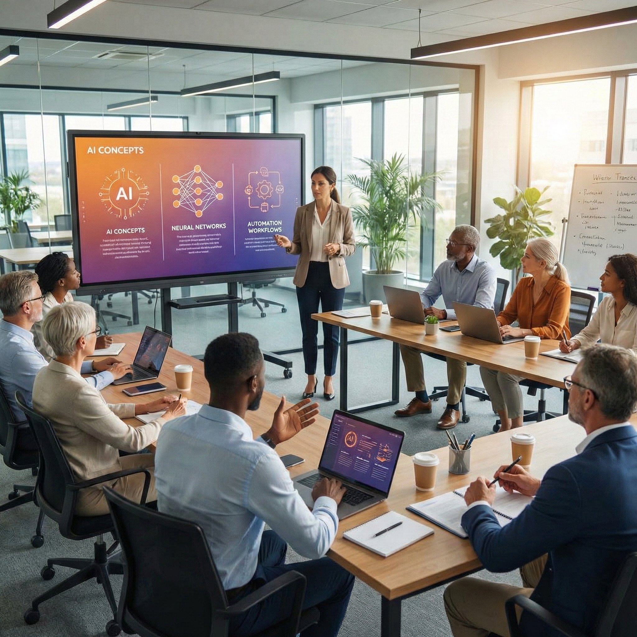 Une femme fait une présentation devant un groupe de personnes dans une salle de réunion moderne. Un grand écran affiche des concepts liés à l'intelligence artificielle. La salle est lumineuse avec de grandes fenêtres et des plantes vertes en décoration.