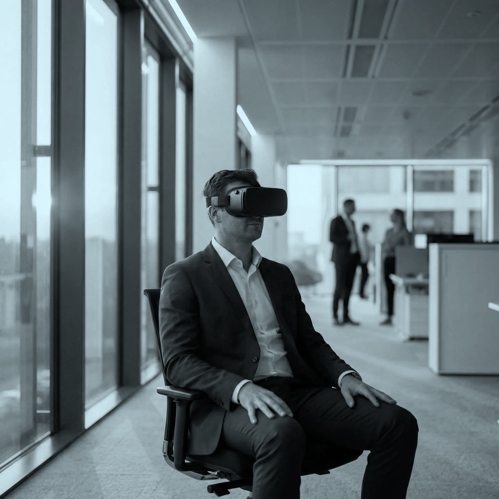 Une personne portant un costume assise dans une salle d'aéroport ou de métro, utilisant un casque de réalité virtuelle, avec des autres personnes en arrière-plan.