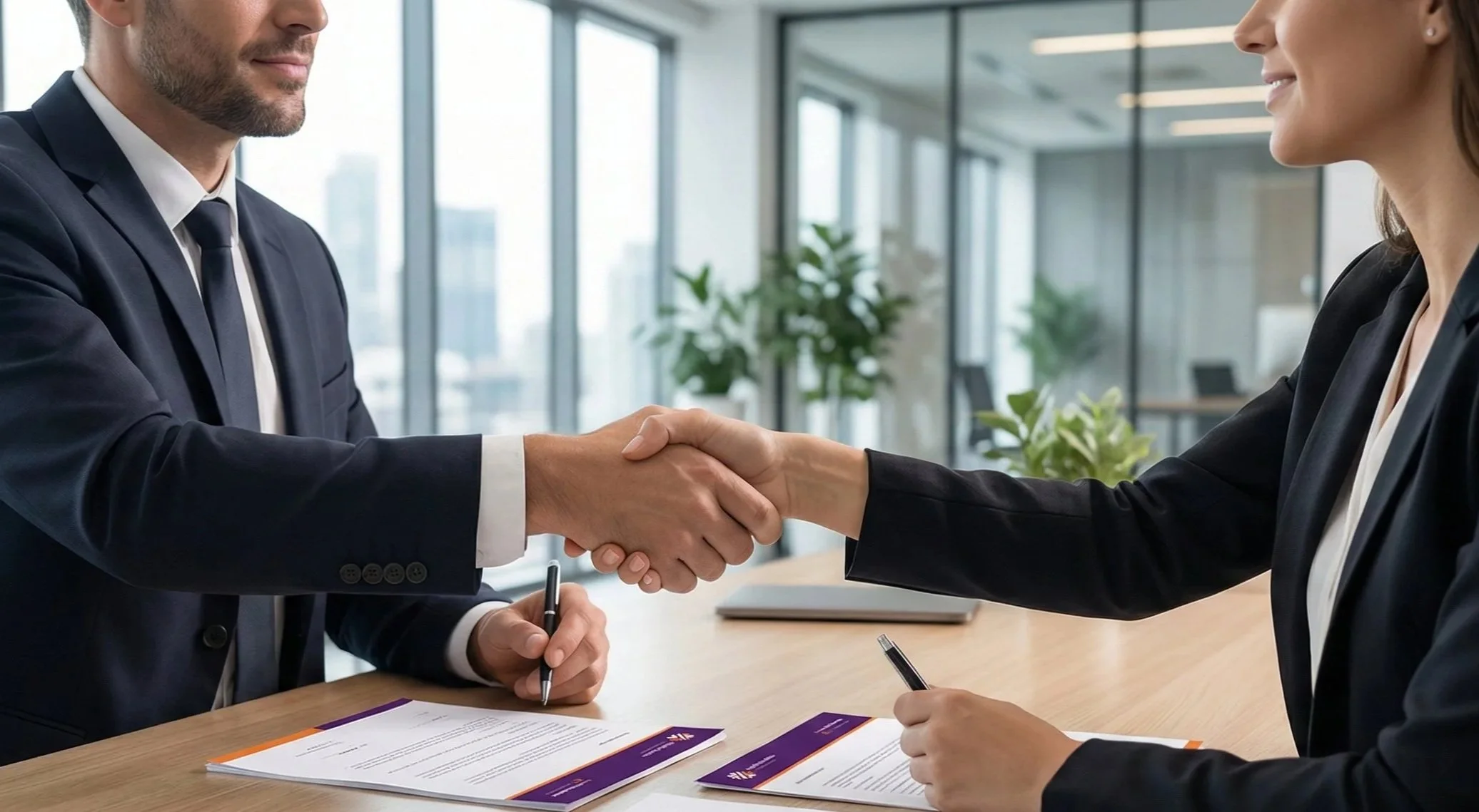 Deux personnes en costume serrent la main lors d'une signature d'accord dans un bureau moderne