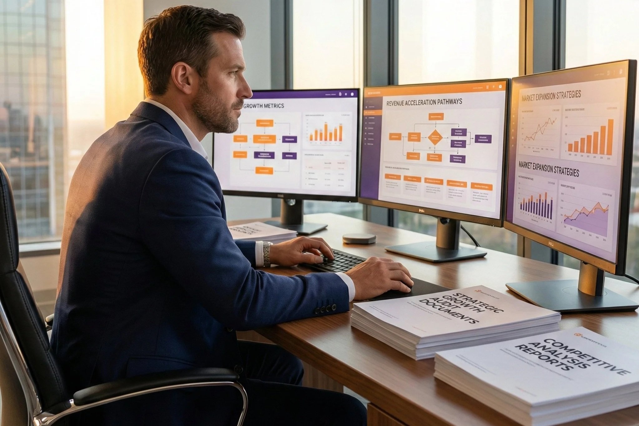 Un homme d'affaires travaillant sur plusieurs écrans affichant des graphiques et des stratégies de croissance et d'expansion de marché dans un bureau lumineux.